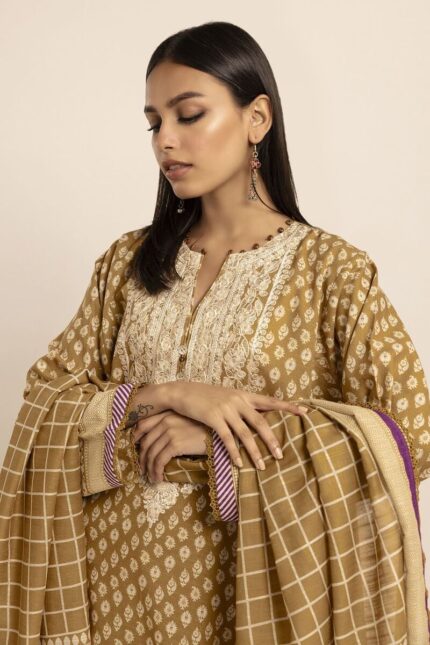 Fabrics 3 Piece Suit - Printed Embroidered Light Khaddar